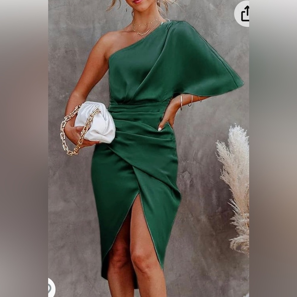 Cupshe emerald green satin off the shoulder cocktail dress